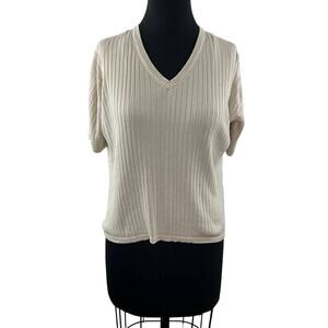 Vintage PAUL STUART Beige L Knit Sweater V-Neck Short Sleeve Pullover Regular